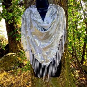 White Silver metallic paisley Scarf Fringe Wedding bridal Orthodox Church scarf